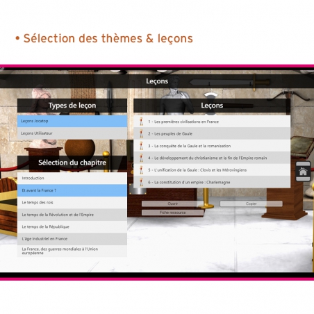 Un menu dédié aux leçons pour naviguer simplement à travers les différents thèmes et leçons liées. Un menu dédié aux leçons pour naviguer simplement à travers les différents thèmes et leçons liées.